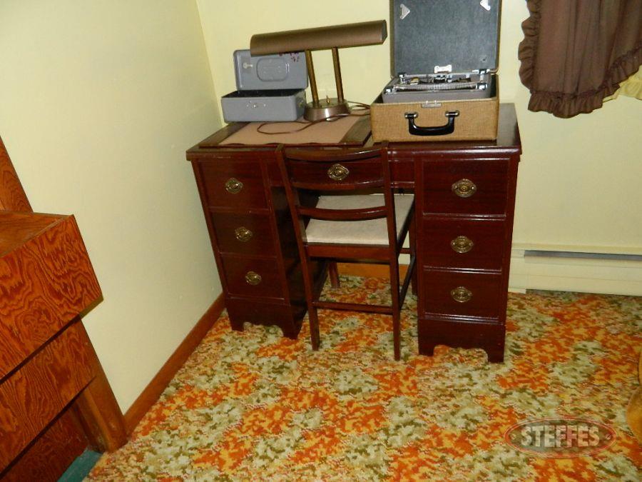 Desk, Chair, Typewriter, Money Box, and Lamp